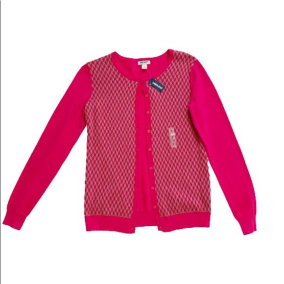 Old Navy Cardigan Sweater Fuchsia Tan Geo Print Crew Neck Button Front Small NEW - Picture 3 of 16